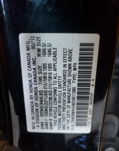 2012 Honda Cr-V Lx из США, поврежденный, VIN 2HKRM4H38CH611080